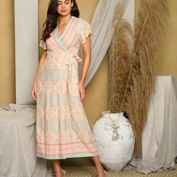 SHORT SLEEVE MULTI PRINT WRAP MAXI DRESS - Picture 3 of 4